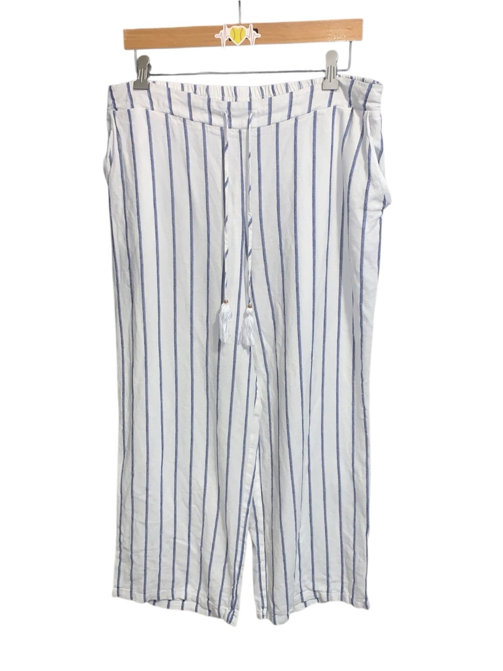 Ellen Tracy Striped White & Blue Casual Linen Blend Wide Leg Pants Pockets